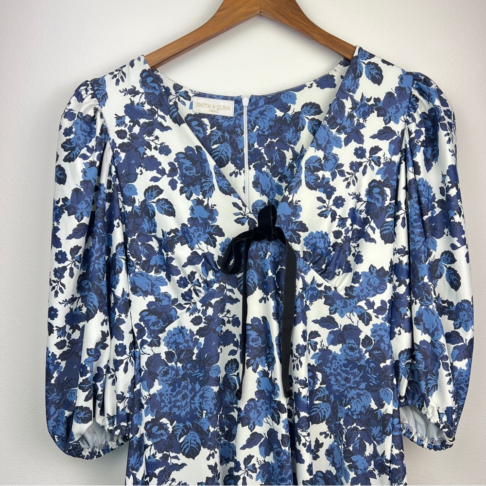 Smith & Quinn Floral Puff Sleeve Bow Detail Mini/Midi Dress Size Small Blue - Picture 4 of 12